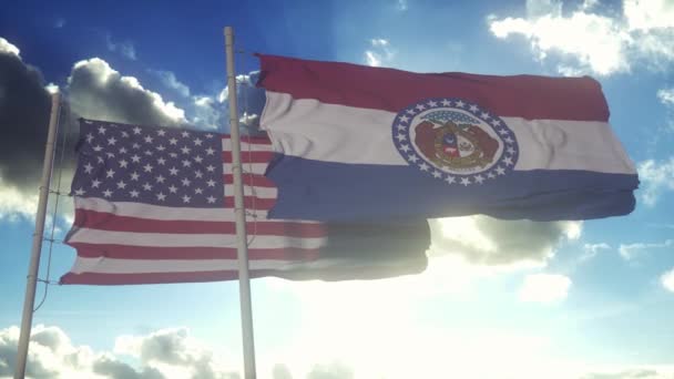 Σημαίες Του Μιζούρι Κυματίζουν Μαζί Την Εθνική Σημαία Των Ηνωμένων — Αρχείο Βίντεο