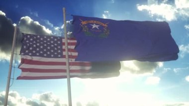 Nevada eyaletinin bayrakları Amerika Birleşik Devletleri bayrağıyla birlikte dalgalanıyor. Arka planda açık bir gökyüzü var..