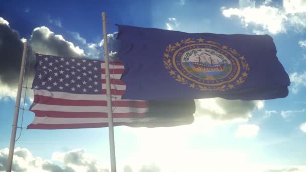 Delstaten New Hampshire Flaggar Tillsammans Med Förenta Staternas Nationalflagga Bakgrunden — Stockvideo