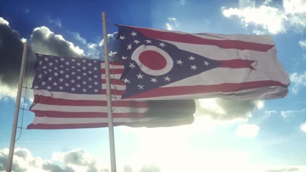Die Flaggen Des Bundesstaates Ohio Wehen Zusammen Mit Der Nationalflagge — Stockvideo