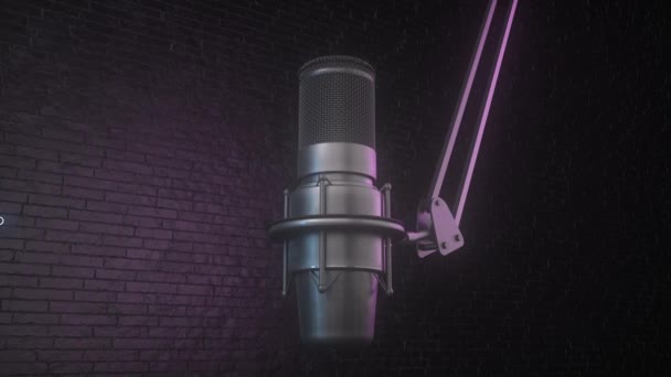 Podcast Audio Recording Broadcasting Studio Closeup Professional Microphone Neon Light — Stock Video