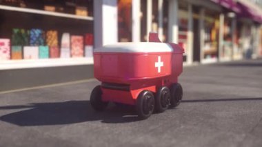 İlk yardım çantalı otomatik teslimat robotu. Acil Tıbbi Konsept.