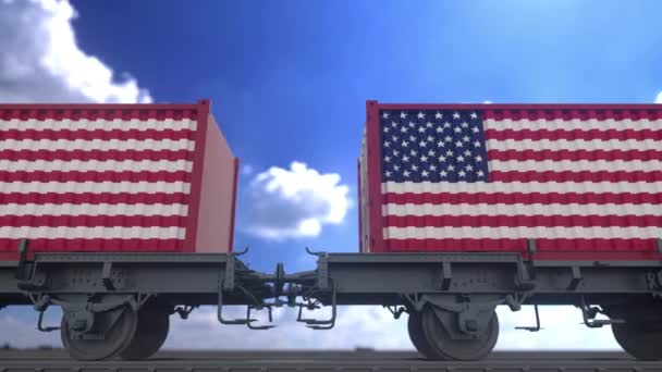 Comboios Contentores Com Bandeira Dos Eua Transporte Ferroviário Loop Sem — Vídeo de Stock