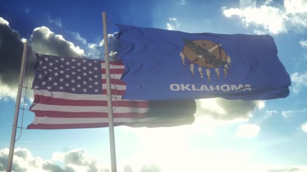 Bendera Negara Bagian Oklahoma Melambai Bersama Dengan Bendera Nasional Amerika — Stok Video