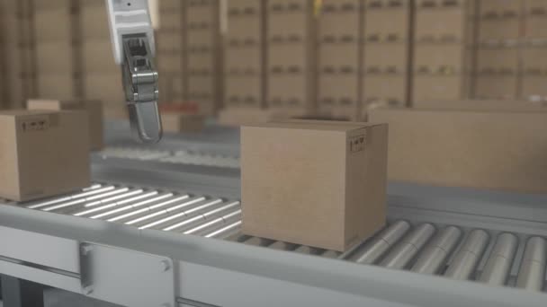 スマートな配電倉庫の自動化されたロボットアーム コンベヤー ベルト ラインの段ボール箱 — ストック動画