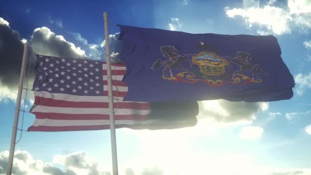 ペンシルベニア州旗はアメリカ合衆国の国旗とともに掲げられている 背景には明確な空がある — ストック動画