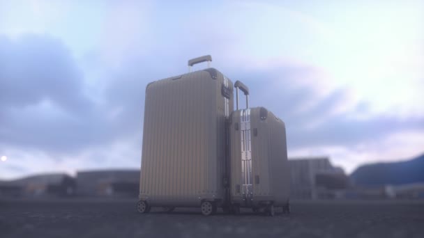 Δύο Βαλίτσες Στέκονται Στον Αεροδιάδρομο Ηλιοβασίλεμα Αποσκευές Έτοιμες Για Ταξίδι — Αρχείο Βίντεο
