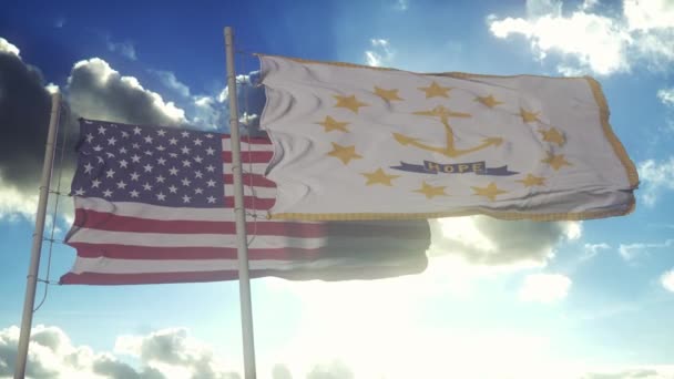 Флаги Штата Род Айленд Размахивали Вместе Национальным Флагом Соединенных Штатов — стоковое видео