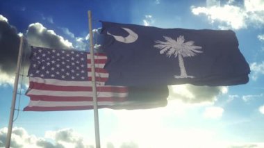 Güney Carolina eyaletinin bayrakları Amerika Birleşik Devletleri bayrağıyla birlikte dalgalanıyor. Arka planda açık bir gökyüzü var..