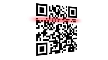 QR kodu kırmızı lazerle taranıyor. Kırmızı lazerli elektronik qr kod tarayıcı. 3d illüstrasyon.