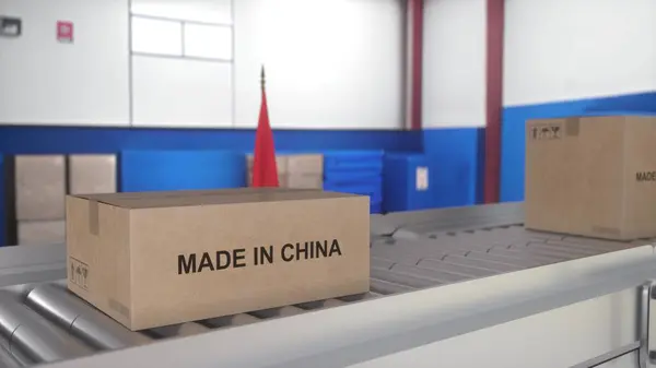 Made in China import and export concept. Cardboard boxes with product from China on the roller conveyor. 3d illustration.