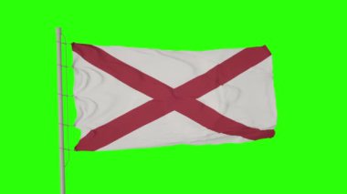 Alabama bayrağı yeşil ekranda. Alabama bayrağı bayrak direğinde rüzgarda dalgalanıyor..