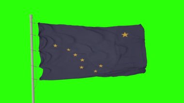 Yeşil Ekran 'da Alaska bayrağı. Amerika Birleşik Devletleri 'nin izole bayrağı Alaska bayrak direğinde dalgalanan rüzgarda.