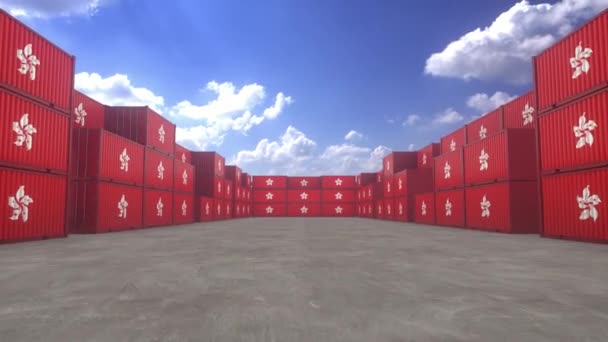 Hongkong Vlag Containers Bevinden Zich Bij Container Terminal Uitvoer Invoerconcept — Stockvideo