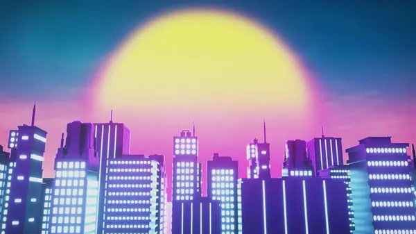 Beautiful cityscape with futuristic city at sunset. Futuristic neon city background. 3d illustration.