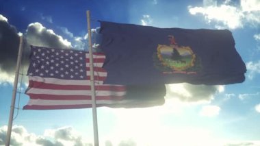 Vermont eyaletinin bayrakları Amerika Birleşik Devletleri bayrağıyla birlikte dalgalanıyor. Arka planda açık bir gökyüzü var..
