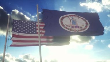 Virginia eyaletinin bayrakları Amerika Birleşik Devletleri bayrağıyla birlikte dalgalanıyor. Arka planda açık bir gökyüzü var..