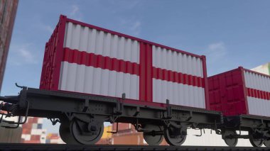 İngiltere bayrağı taşıyan tren ve konteynırlar. Demiryolu taşımacılığı. 3d illüstrasyon.