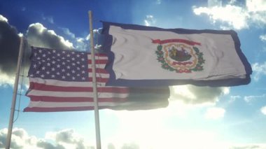 Batı Virginia eyaletinin bayrakları Amerika Birleşik Devletleri bayrağıyla birlikte dalgalanıyor. Arka planda açık bir gökyüzü var..