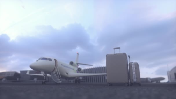 Resekoncept Resebagage Med Väntande Privat Jet Privat Jetplan Väntar Ett — Stockvideo