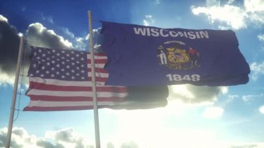 Wisconsin eyaletinin bayrakları Amerika Birleşik Devletleri bayrağıyla birlikte dalgalanıyor. Arka planda açık bir gökyüzü var..