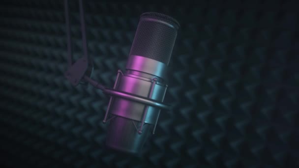 Podcast Audio Recording Broadcasting Studio Professional Microphone Neon Light — Stock Video