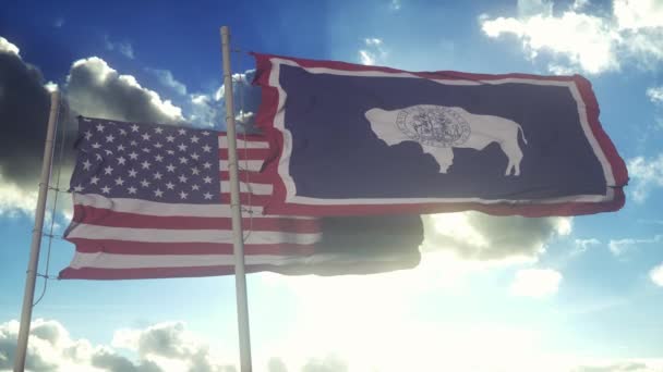 Bendera Negara Bagian Wyoming Melambai Bersama Dengan Bendera Nasional Amerika — Stok Video