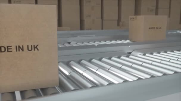 纸板箱在滚筒输送机上印有英国文字 出口或交付概念 — 图库视频影像