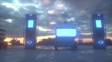 Kentte sıra sıra bekleyen otonom dağıtım robotları. Modern akıllı kablosuz robotlar müşteriye yiyecek veya yiyecek dağıtır. Kusursuz döngü animasyonu. Çevrimiçi alışveriş kavramı.