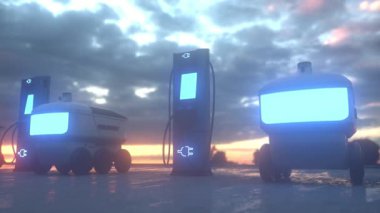 Kentte sıra sıra bekleyen otonom dağıtım robotları. Modern akıllı kablosuz robotlar müşteriye yiyecek veya yiyecek dağıtır. Kusursuz döngü animasyonu. Çevrimiçi alışveriş kavramı.