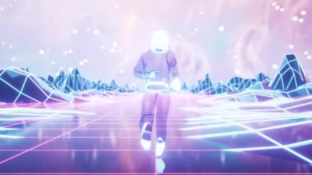 Neon Astronot Berjalan Dikelilingi Oleh Lampu Neon Berkedip Latar Belakang — Stok Video