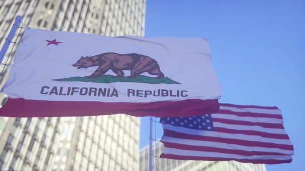 캘리포니아와 국기가 하늘에서 흔들리고 있습니다 캘리포니아와 미국의 상세한 흔들리는 캘리포니아 — 비디오