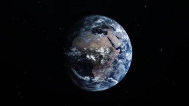 Uzayda dönen ve uzaklaşan Ultra Gerçekçi Dünya, arka plandaki yıldızlar.