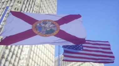Florida ve Amerikan Bayrağı gökyüzünde dalgalanıyor. Florida ve ABD 'nin yüksek detaylı dalgalanan bayrağı. Florida eyalet bayrağı.