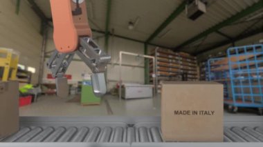 Robot kol, İtalyan yapımı karton kutuyu kaldırıyor. Yuvarlak taşıyıcının üzerinde ITALY ürünü olan karton kutular.