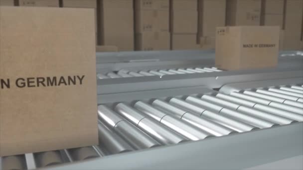 德国制造的进出口概念 纸板箱 其产品来自德国 装在滚筒输送机上 — 图库视频影像