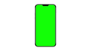 Boş yeşil ekranlı cep telefonu, ön görünüm, beyaz arkaplanda izole.