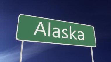 Alaska 'ya hoş geldiniz. Mavi gökyüzünde Alaska yol tabelası. Alaska 'ya varış yönü. Seyahat, iş, turizm ve ulaşım kavramı.
