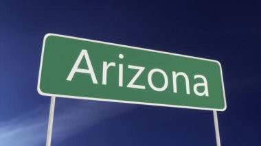 Arizona 'ya hoş geldiniz. Mavi gökyüzünde Arizona yol tabelası. Arizona 'ya varış yönü. Seyahat, iş, turizm ve ulaşım kavramı.