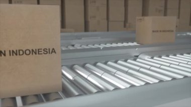 INDONEZYA ithalat ve ihracat konseptinde üretilmiştir. Roller taşıma aracında INDONESIA ürünü bulunan karton kutular.
