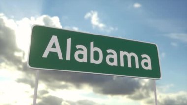 Alabama 'ya hoş geldiniz. Mavi gökyüzünde Alabama yol tabelası. Şehrin Alabama 'ya gelişi. Seyahat, iş, turizm ve ulaşım kavramı.