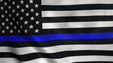 Polis bayrağını rüzgârda dalgalandırıyor. İnce mavi çizgili kolluk kuvvetleri. İnce Mavi Çizgili Amerikan Bayrağı.