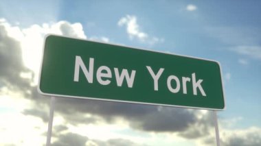 New York 'a hoş geldiniz. Mavi gökyüzünde New York yol tabelası. Seyahat, iş, turizm ve ulaşım kavramı.