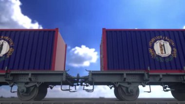 Kentucky bayrağı taşıyan tren ve konteynırlar. Kentucky ithalat ve ihracat kavramı.