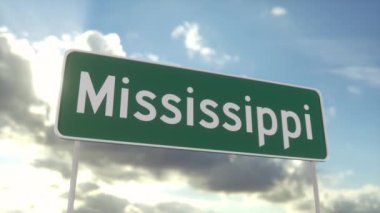 Mississippi 'ye hoş geldiniz. Mississippi yol tabelası mavi gökyüzünde. Seyahat, iş, turizm ve ulaşım kavramı.