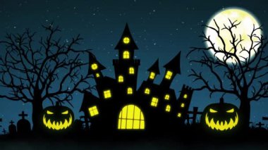 Balkabağı ve Ürkütücü Ağaçlar konseptiyle Cadılar Bayramı arka plan animasyonu.