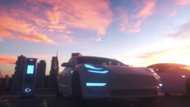 Şarj istasyonunda elektrikli arabalar. Elektrikli arabalar için şarj istasyonu.