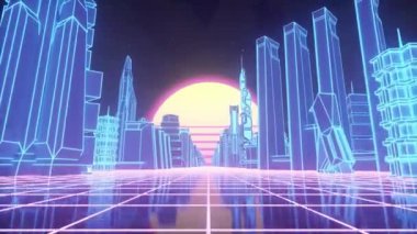 Geçmişe dönük 80 'ler tarzı, neon şehir arkaplanı. Hareket eden şebeke zeminli kusursuz siber punk şehir manzarası. Müzik videosu için VJ synthwave 3 boyutlu canlandırma.