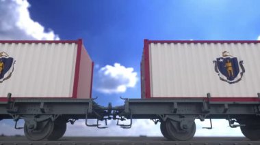 Massachusetts bayrak konteynırları bir trenin yan tarafında. Massachusetts İthalat ve İhracatı için kavram.