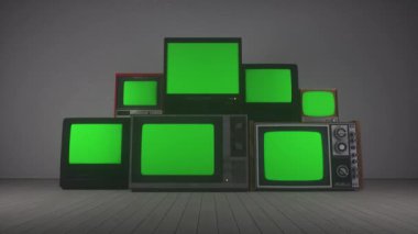 Krom anahtar yeşil ekranlı eski analog televizyonlar. Yakınlaştır.